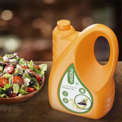 Image of Amazon Brand - Vedaka Cold Pressed Sesame Oil | 5 L Bottle | Gingelly Oil | Cheku /Ghani Oil | 100% Pure, Unrefined | Contains MUFA & Omega-6 PUFA | Contains Natural Antioxidants Lignans & Tocopherols