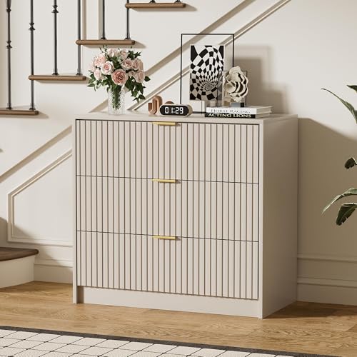 Image of Furniway Beige Dresser Bedroom Set 3 Pieces, Nightstands Sets of 2, 5 Drawer Dresser with Gold Handles for Bedroom