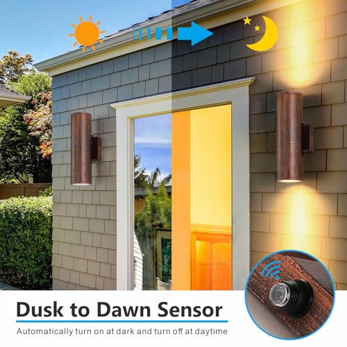Image of DAKAFUL Dusk to Dawn Outdoor Lighting Sensor Wall Lights 2Pack, 12W 2700K Integrated LED Cylinder Up Down Lights Outdoor, IP65 Waterproof Aluminum Wall Sconce Exterior Wall Light for Porch Patio etc.