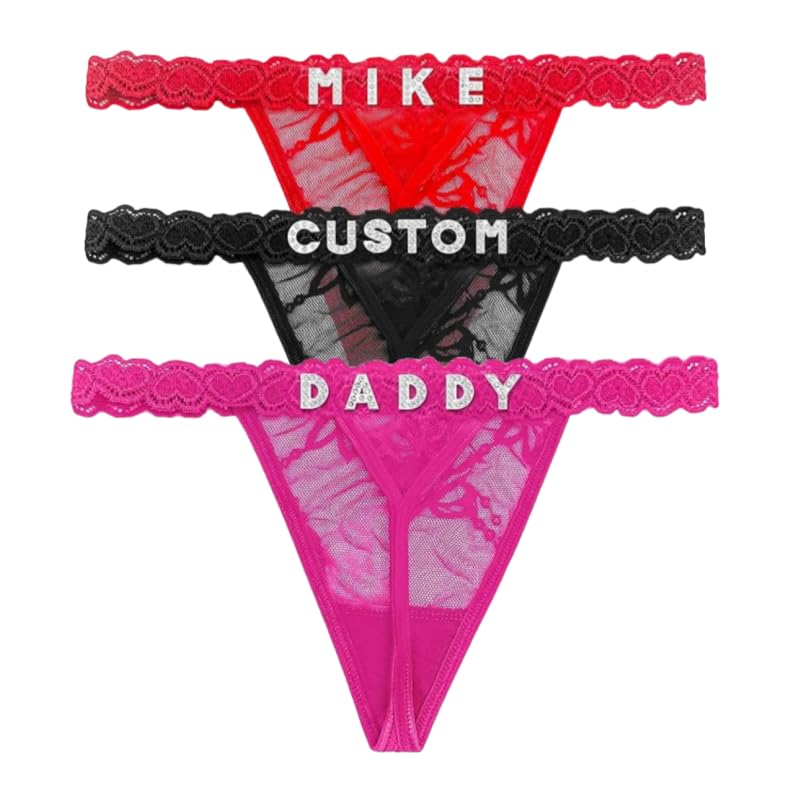 2-Pack Personalized Rhinestone Name Lace Panties - Women's Custom Lettered Panties, Suitable for Girlfriend, Valentine's Day Gift Black