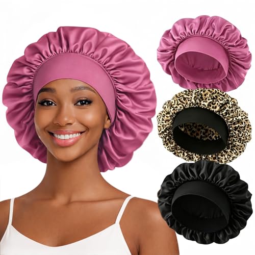 ZHENSILK 3PCS Silk Sleep Bonnet for Women Large Satin Hair Caps with Elastic Band for Curly Hair and Frizz Control