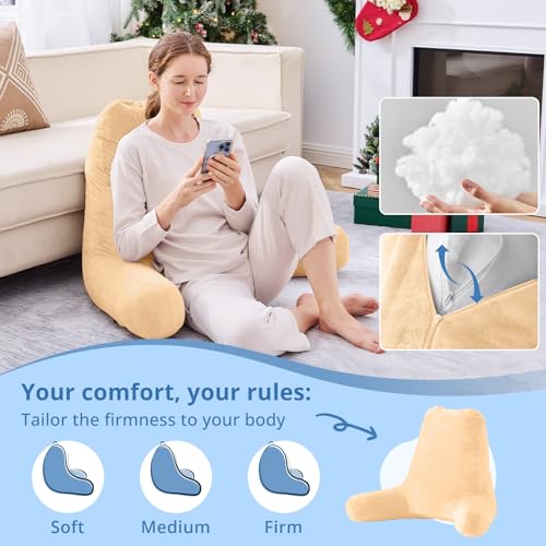 Image of Sasttie Reading Pillow for Bed, Back Pillow for Sitting Up, Camel | 25 inch Backrest Support Cushion for Couch, Sofa, and Floor, Dorm Essentials, OEKO-TEX, Adjustable Down Alternative Fill
