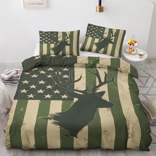 Housse de Couette 200x200 Cerf avec 2 Taies d'oreiller 65x65 cm - Decoration Cerf, Parure de Lit 2 Personnes Drapeau Américain Vintage, Linge de Lit en...