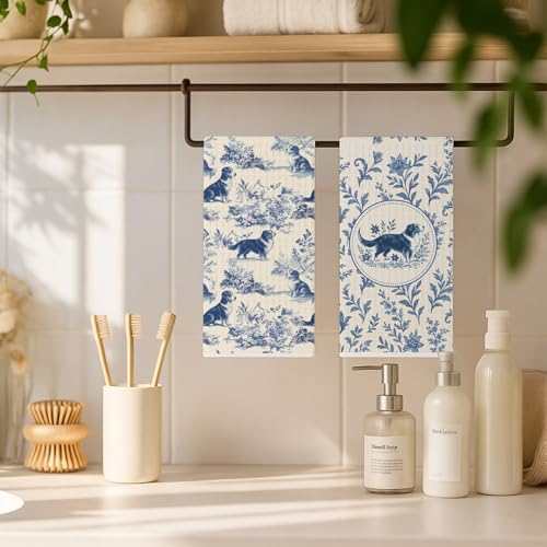 Image of Blue Chinoiserie Border Collie Kitchen Towels, Border Collie Gifts Dish Tea Towels for Kitchen, Vintage French Toile Dog Decorative Hand Towel for Bathroom, Dog Lover Gifts, 16x24 Inch Set of 2