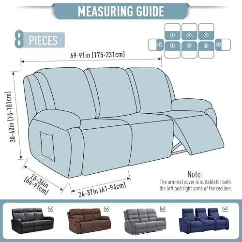 Image of TAOCOCO Recliner Sofa Covers 8-Pieces Stretch Large Couch Covers for 3 Seats Reclining Slipcovers Soft Jacquard Pattern Furniture Protector (Dusty Blue)