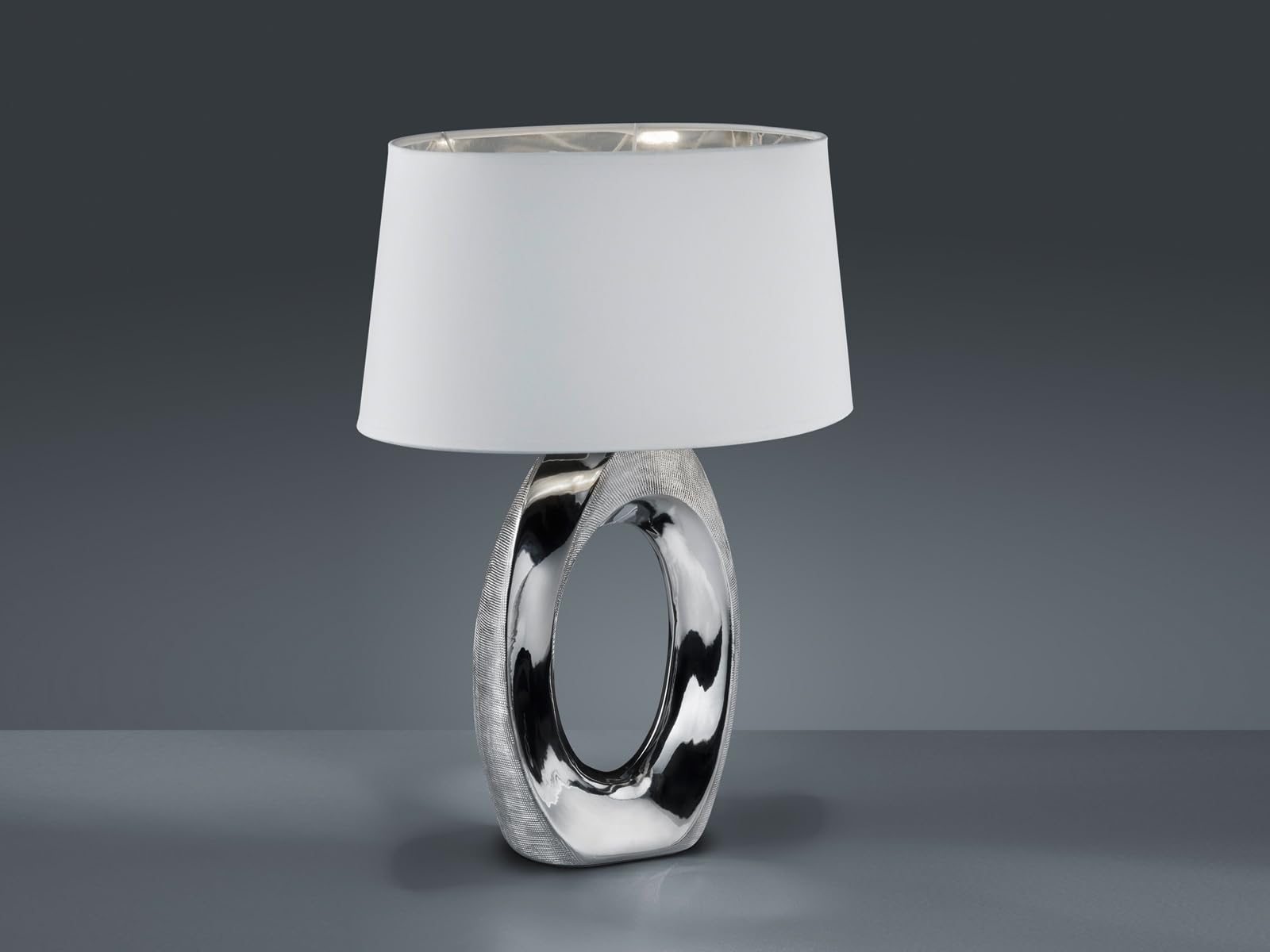 meineWunschleuchte Tisch-leuchte mit Keramikfuß & Stoffschirm Silber Weiß | Höhe 52cm, mit E27 LED, mit Schurschalter, modernes Design, gemütliche Beleuchtung, dekorative große Nachttischlampe