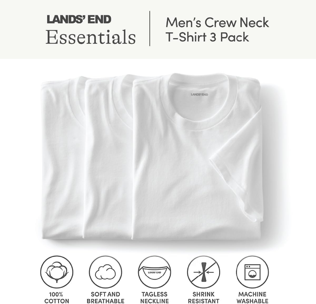Lands' End Essentials Men's Crew Neck T-Shirt 3 Pack - Premium Cotton Tee, Casual Regular Fit