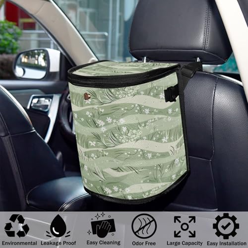 Image of Car Trash Can Sage Florals Green Car Garbage Bag with Lid Hanging Waterproof Leak Proof Vehicle Storage Bin