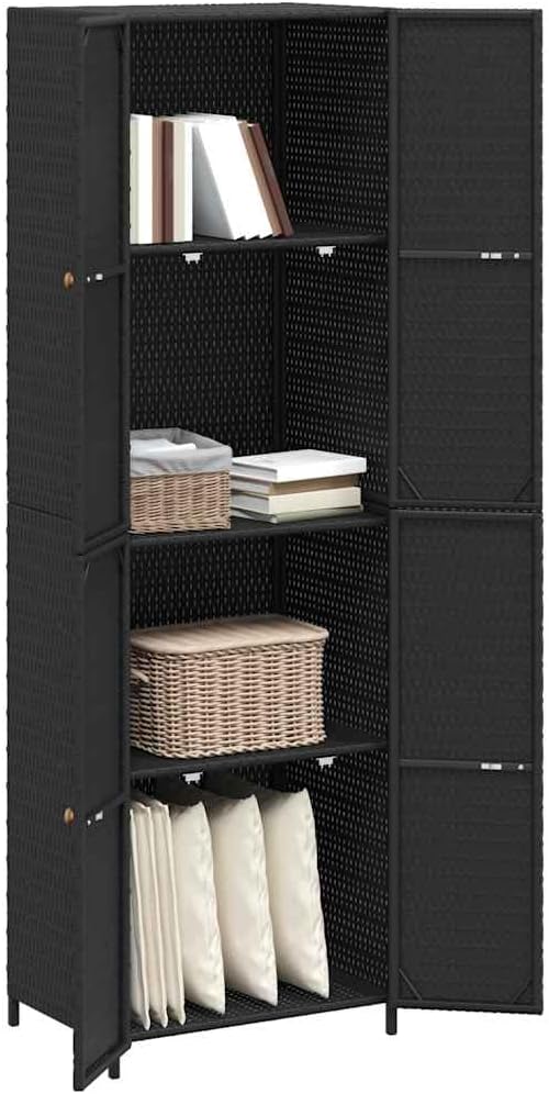 Garden Storage Cabinet Black Synthetic Poly Rattan with Powder-Coated Steel Frame 23.2 x 23.2 x 70.9 in Vertical Locker for Outdoor Indoor Garden Tool Organization