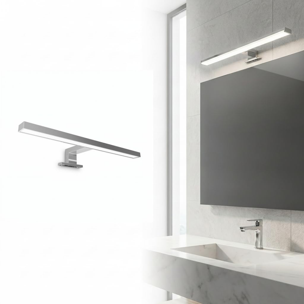 BARCELONA LED Applique LED Specchio Bagno 10W 50cm, Luce Specchio Bagno 3000K 800lm, IP44 Resistente all'Umidità, Montaggio su Specchio, Mobile o Parete, Lampada Bagno in Alluminio e Policarbonato