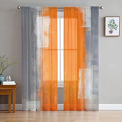 Futuregrace Semi Sheer Curtains 84 inches Long for Living Room,Rod Pocket Voile Drapes Bedroom Decor, Orange and Grey Abstract Art Texute Window Curtains 2 Panels for Sliding Glass Door,Patio Cover