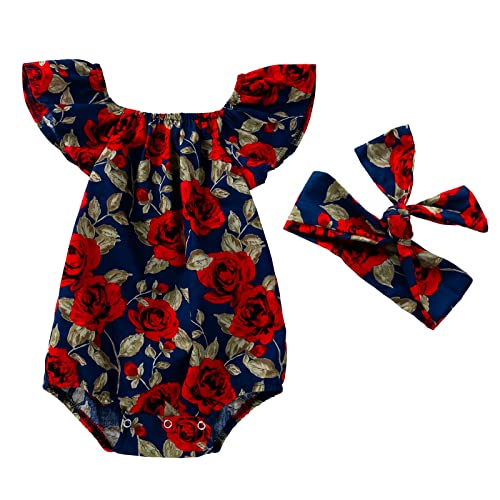 Image of Winmany Newborn Baby Floral Romper Ruffle Sleeveless Infant Girl Summer Cotton Jumpsuit Bodysuit + Bowknot Headband
