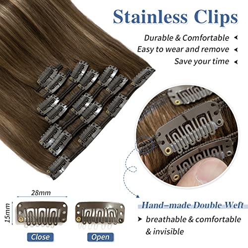 Image of Clip in Hair Extensions Real Human Hair S-noilite #4T4P27 Chocolate Brown to Caramel Blonde Double Weft hair extensions 20 Inch Clip in Real Human Hair for Women Balayage Straight 7PCS 125g