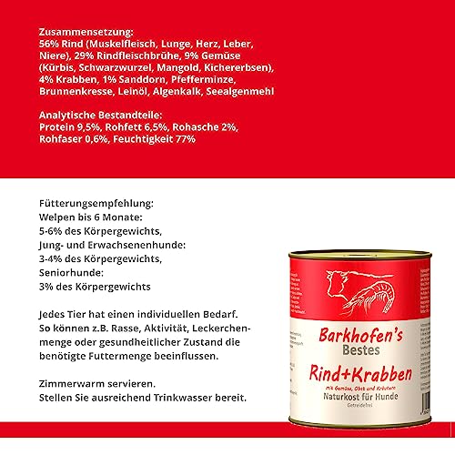 Barkhofen Tiernahrung Nassfutter für Ihren Hund 6X 800g – Hundefutter nass & getreidefrei mit Rind + Krabben - Hunde Futter in Dosen ohne Getreide