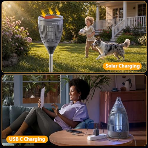 Image of Rossetta Solar Bug Zapper Outdoor, Fly Zapper with Flame & Projector Light | 4200V Shock Grid, Solar & USB Charging, IPX5 Waterproof, Auto Mode, Cordless Electric Mosquito Killer for Patio, Garden
