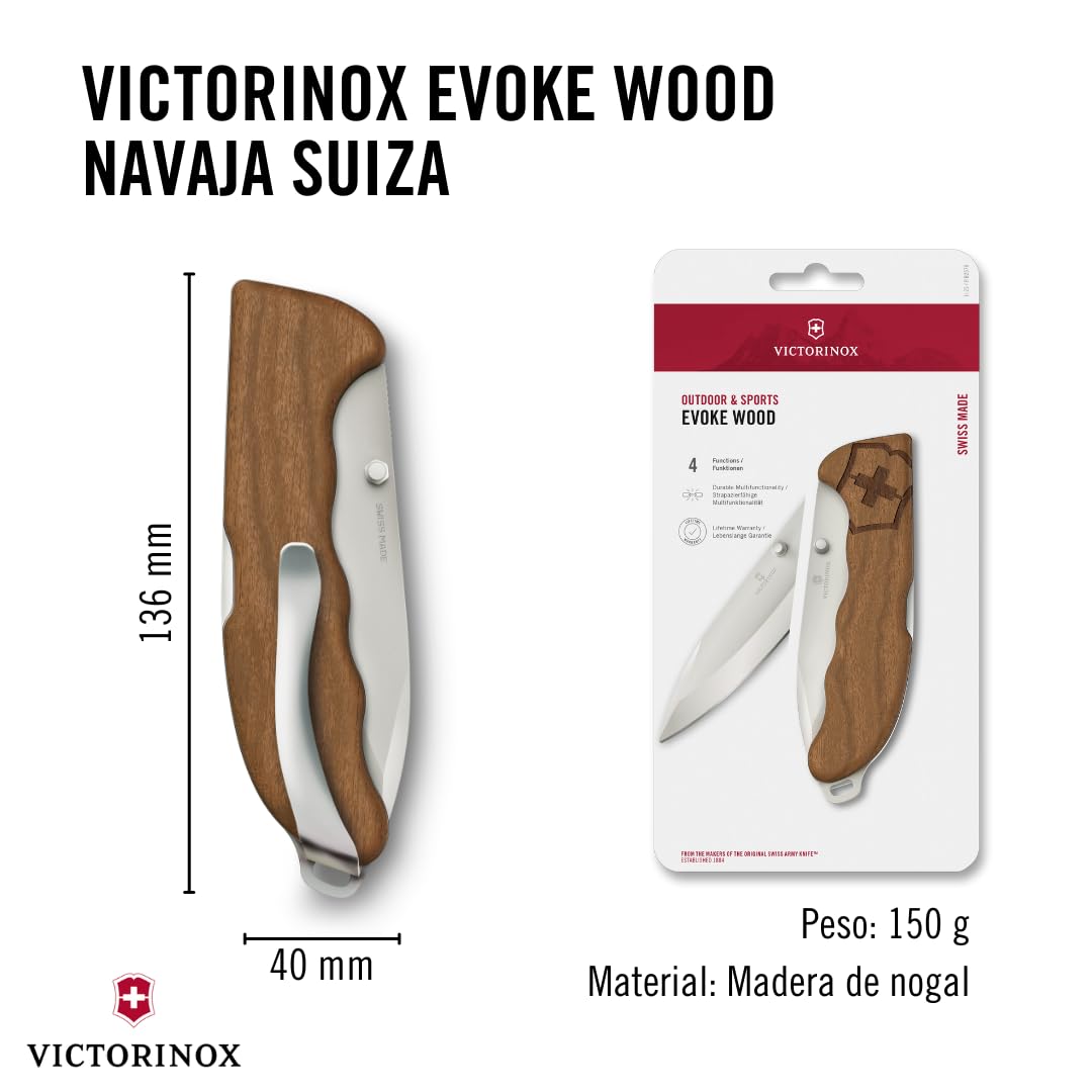 Victorinox Navaja suiza de bolsillo Hunter Evoke Wood, navaja plegable con mango de madera, outdoor, 4 funciones, incl. hoja de 10 cm y perno de pulgar extraíble