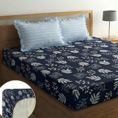 Image of Home Sizzler Microfibre Botanical Print Double Fitted Bedsheet, 72x78 inch, Navy Blue with 2 Ruffled Edge Pillow Covers