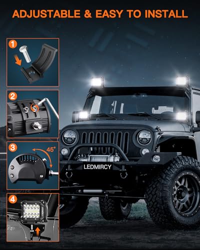 LEDMIRCY 4 Inch LED Pod Lights Spot Flood Combo Beam 4PCS White LED Light Bar Triple Rows Driving Off Road Lights Cube Work Lights for Truck Tractor Excavator GMC ATV SUV UTV Boat IP68 Waterproof - Thumbnail 6