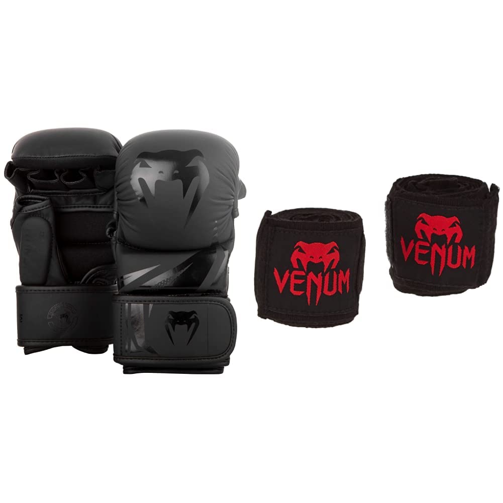 Venum Challenger 3.0, Guantoni Da mma Sparring Unisex Adulto, Nero/Nero, M & Kontact, Bendaggi da Boxe Unisex – Adulto, Nero/Rosso, 4 m