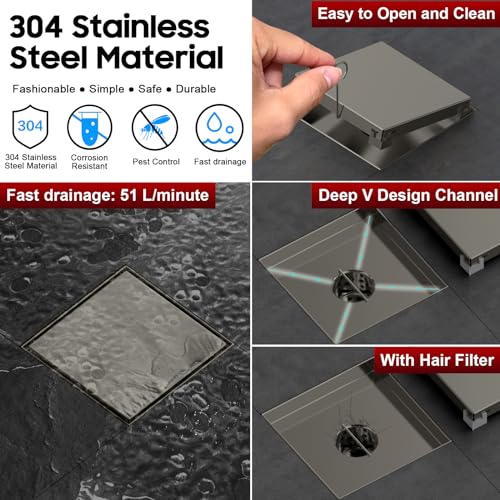 Image of DLONE Shower Drain | 6 Inch Gun Gray with Tile Insert Panel