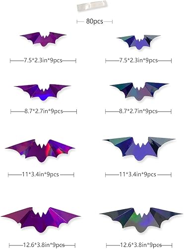Miniatura 2 de 72 piezas de murciélagos para decoración de Halloween, murciélagos iridiscentes 3D, decoración de pared, papel holográfico negro y morado,