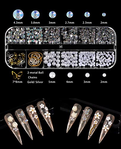 Spearlcable 3D Flowers Nail Charms,3 Box Butterfly Nail Jewelry Pearls Crystal Nail Rhinestones Set Nail Gems Flat Back Round Beads For Acrylic Nail Art (B) #TOP1