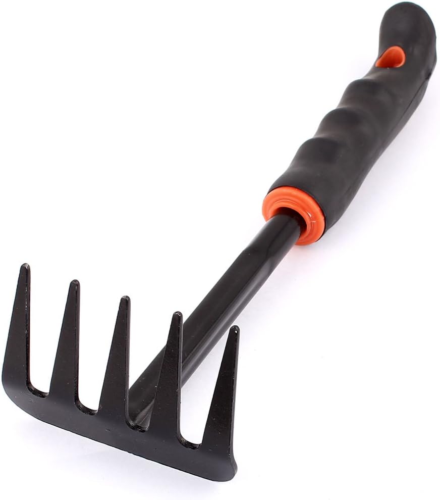 uxcell Plastic Coated Metal Head Handheld 5 Teeth Garden Rake Hand Tool Black