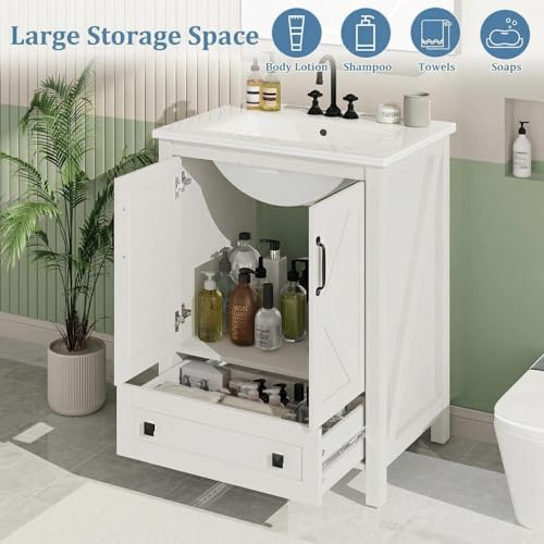IDEALHOUSE 24 inch Bathroom Vanity with Sink Ceramic, Freestanding Bathroom Sink Cabinet with Drawer, Farmhouse 2 Barn Doors Bathroom Vanity for Balcony Laundry, White by IDEALHOUSE - Image 3