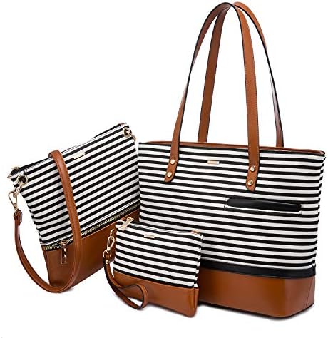 LOVEVOOK Womens Purses and Handbags Satchel Shoulder Bags Tote Crossbody Top Handle Purse Set 3pcs Stripes Style,Brown