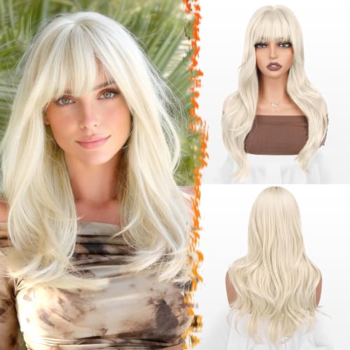 BARSDAR Platinum Blonde Layered Wig with Bangs - 20 Inch Platinum Blonde Layered Wig with Bangs for Women - Natural Looking Soft Wave Synthetic Straight Layers Fringe Daily Party Halloween