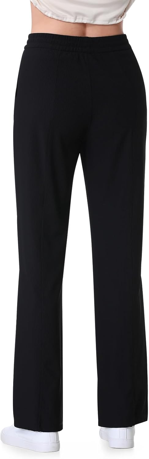 Women Straight Leg Pants Fleece Lined Ribbed Pants Work Casual Trousers with Pockets - Image 3