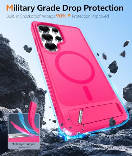 Image of FNTCASE for Samsung Galaxy S25-Ultra Case: [Magnetic Stand] [Compatible with Magsafe] Translucent Matte Military Grade Shockproof Drop Rugged Protective Phone Cover, Hot Pink