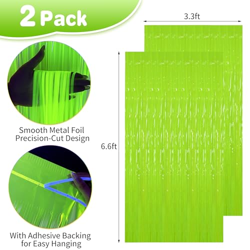 Image of Glow in The Dark Tinsel Curtains 2 Pack - 3.3x6.6ft UV Reactive Fluorescent Party Backdrop for Neon, Birthday, Pride Decorations, Pre-Taped, Lightweight Waterproof (Green)