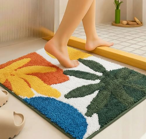 Image of VAS COLLECTIONS Luxurious 2000 GSM Microfiber Bath Mat | Super Soft, Thick & Fluffy | Anti-Skid, Super Absorbent, Bathroom /Bedroom /Kitchen /Door Mat (40x60 cm, Pack of 1) (Blue & Yellow Leaf)