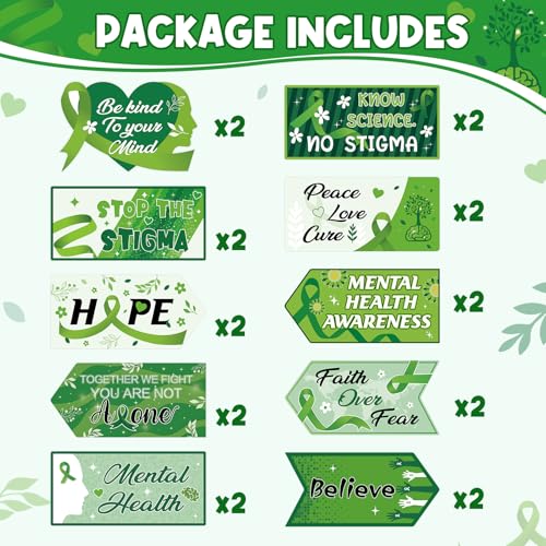 Image of Hooqict 20 Pieces Mental Health Awareness Decorations Signs Motivational Inspirational Green Ribbon Party Directional Sign for Mental Health Awareness Month Therapy Counseling Office Decorations