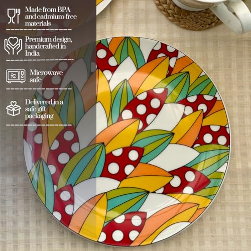 Image of GOLDEN QUEEN'S Snack Plates Set of 4 | Perfect for Snacks, Desserts, Appetizers, Salads, Tapas, Cheese | 7 inches Wide | Microwave Safe (Red & Yellow Abstract)