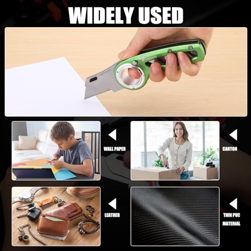 Image of Tondiamo 2 Pcs Folding Pocket Utility Knife Heavy Duty Box Cutter Folding Razor Knife with Anti Slip Finger Loop Easy Change Blades 3 Lock Positions Design (Green)