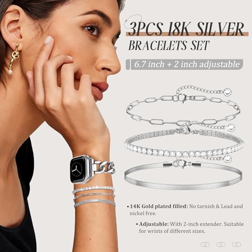 Image of JR.DM Silver Watch Bands and 3Pcs Bracelet Set for Women Compatible with Apple Watch 38mm 40mm 41mm 42mm(S10 /11) Adjustable Metal Dressy Single Chain Strap for iWatch Series 11 /10 /9 /8 /7 /6 /5 /4 /SE /3 /2 /1