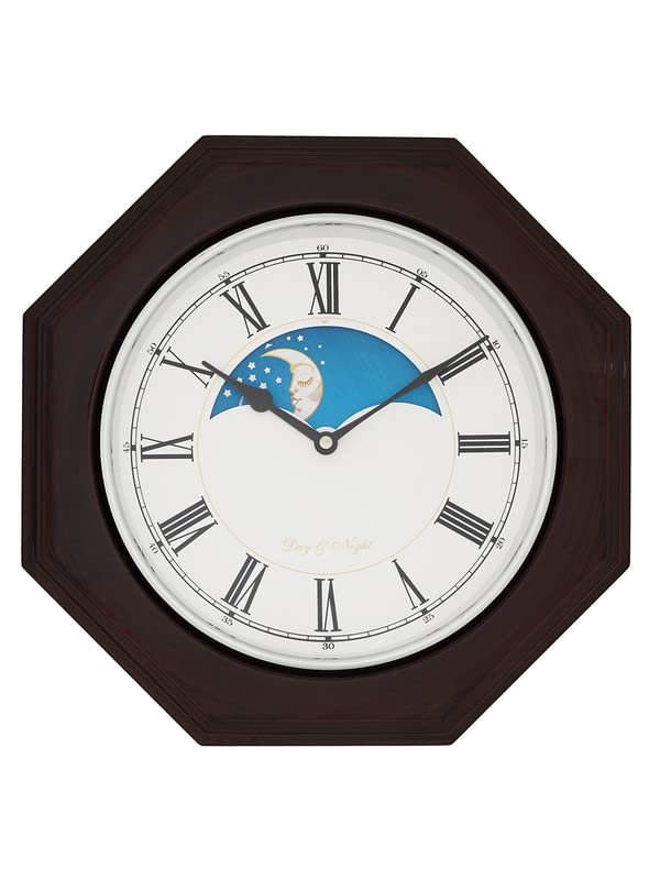 Image of CHRONIKLE Unique Octagon Shaped Chocolate Color Sunrise /Sunset Style Wooden Roman Figure Wall Clock with Sweep Movement (Size: 33.5 x 33.5 x 6.5 CM | Color: Chocolate | Weight: 1535 grm)