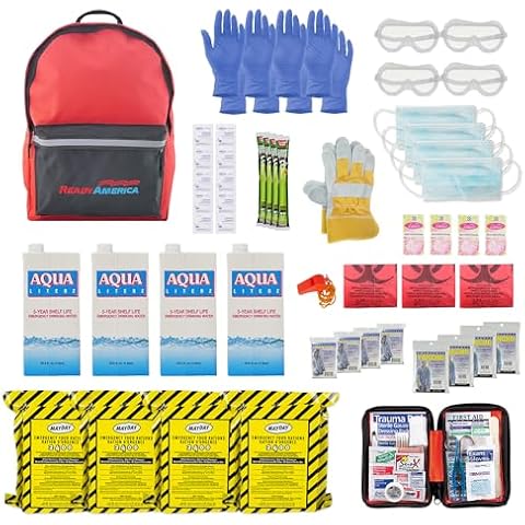 Ready America 70380 72 Hour Emergency Kit, 4-Person, 3-Day Backpack, Includes First Aid Kit, Survival Blanket, Emergency Food Portable Disaster Preparedness Go-Bag for Earthquake, Fire, Flood Cover