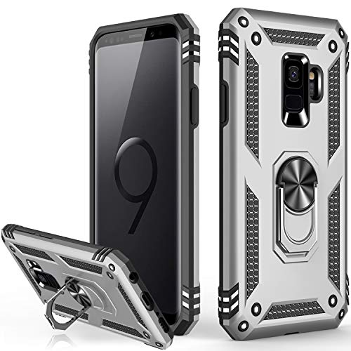 Galaxy S9 Case,Military Grade 16ft. Drop Tested Dual Layered Heavy Duty Cover with Magnetic Ring Kickstand Compatible with Car Mount Holder,Protective Phone Case for Samsung Galaxy S9 Silver