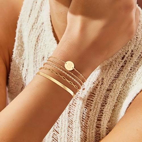 KSF Gold Bracelets for Women Stack - 14K Gold Plated Stackable Bracelets for Women Trendy Initial Bracelet Set Stack Cuban Link Paperclip Chain Jewelry Gifts4