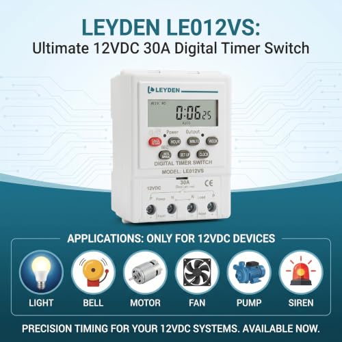 Image of LEYDEN LE012VS, 12VDC, Digital Timer Switch 24 on Off Programs & Cyclic Timer for DC Light, Motor, Bell, Siren, Fan, Fogger, Hydroponic, Drip Irrigation & Other Application