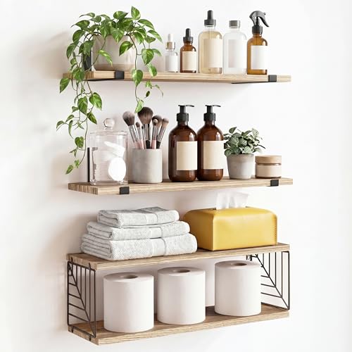 Fixwal Bathroom Floating Shelves Over Toilet, 15.8in Farmhouse Rustic Wood Shelves, Wall Decor for Bathroom, Living Room,Bedroom and Kitchen (3 Plus 1 Tier Rustic Brown)