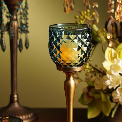 Image of Pure Home Teal Diamond Cut Hurricane - Small | Size: 9X9X21CM | Premium Hurricanes for Home Decor | Table Top & Shelf Decor Showpiece | Ideal for Diwali & Festive Gifting | Perfect for Living | Pack of 1