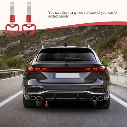 Image of 2PCS Heart Shaped Car Handle Straps, Rear Bumper Warning Keychain Ring for Car Exterior Accessories (Red-Silver)