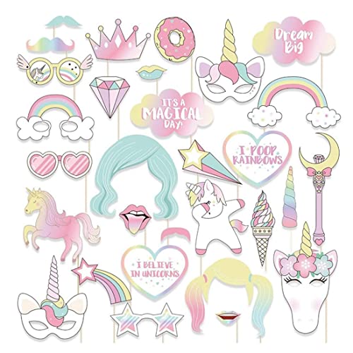 SCJJZ photocall cumpleaños,photocall,Juego de 30 piezas de accesorios de decoración de fotos divertidas para fiestas de cumpleaños infantiles con tema de unicornio