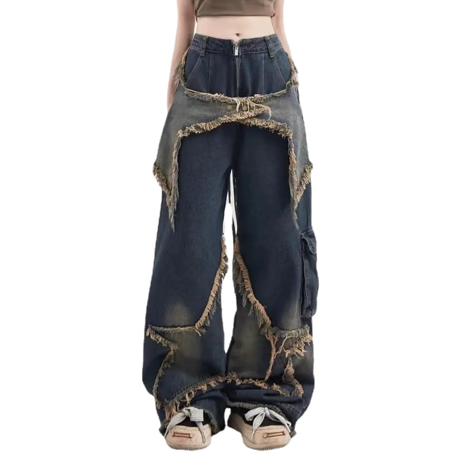 Y2k Vintage Star Aestethic Denim Jeans Punk Straight Trouser Wide Leg Oversized Loose Casual Hiphop Grunge Streetwear