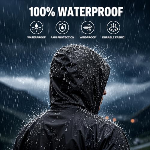 Image of Waterproof Hooded Long Rain Coat for Men, Polyester, Full Sleeves, Regular Fit, Outdoor Riding, Camping & Hiking