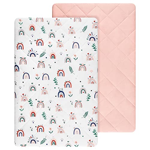 Image of TILLYOU Pack n Play Sheet - Rainbow Flower Print & Pink, 2-Pack, 39"x27"x5", Waterproof, Easy to Care for, Fits Standard Crib Mattresses